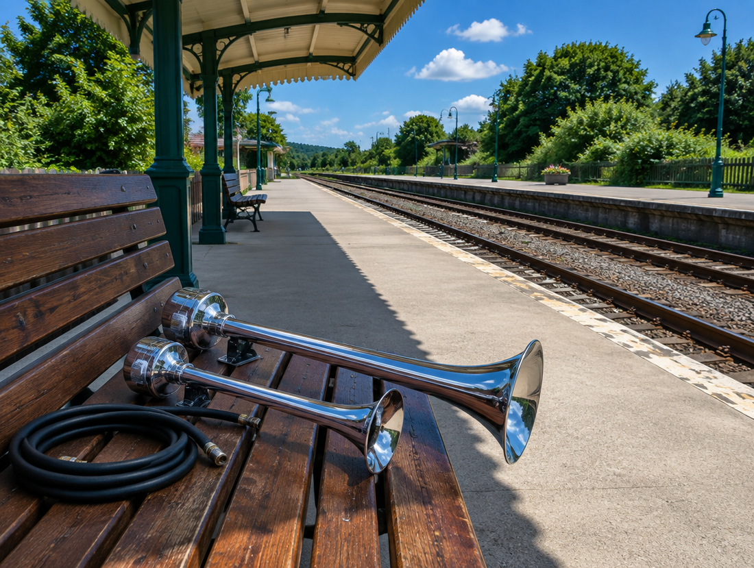 Two chrome train horn trumpets of different sizes on a bench at a sunny small-town station platform beside the tracks.