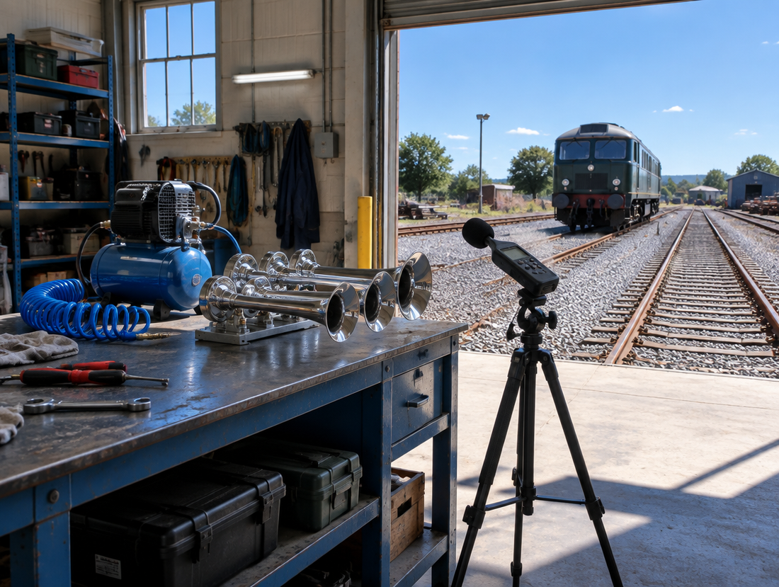 A tidy railway workshop with chrome train horns on a workbench and sunlit tracks through the open roller door.