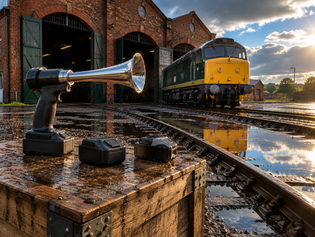 Two cordless tool batteries and a chrome horn gun on a crate beside rain-soaked track outside a brick engine shed.