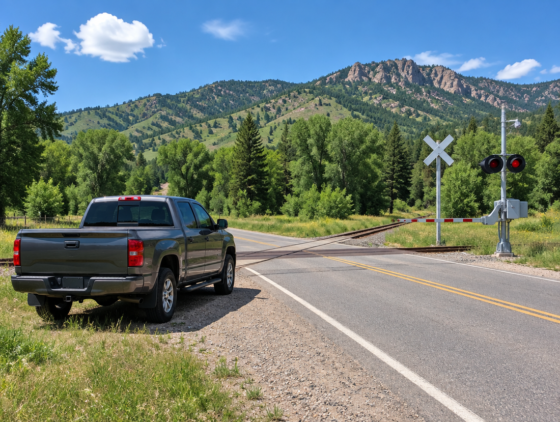 A grey pickup truck parked on a gravel shoulder near a railroad crossing with a crossbuck, below green Colorado foothills.