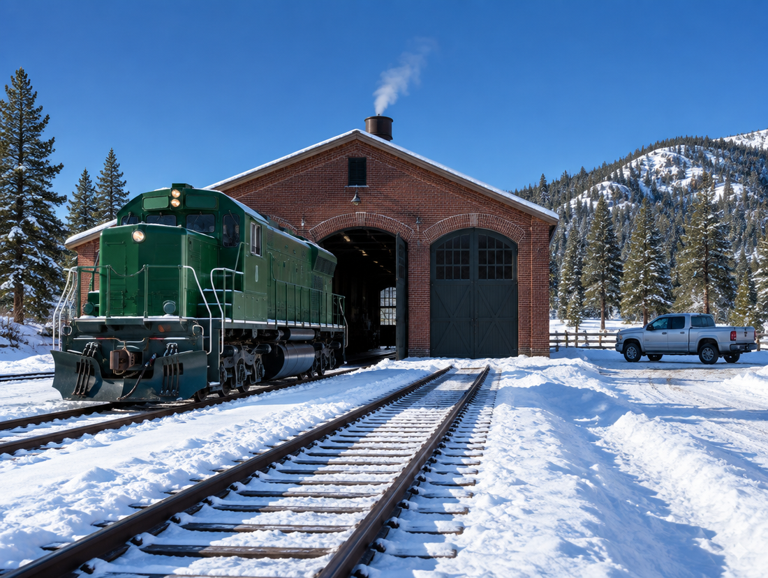 A brick engine shed in fresh snow under a blue sky, with a green diesel locomotive standing outside on the track.