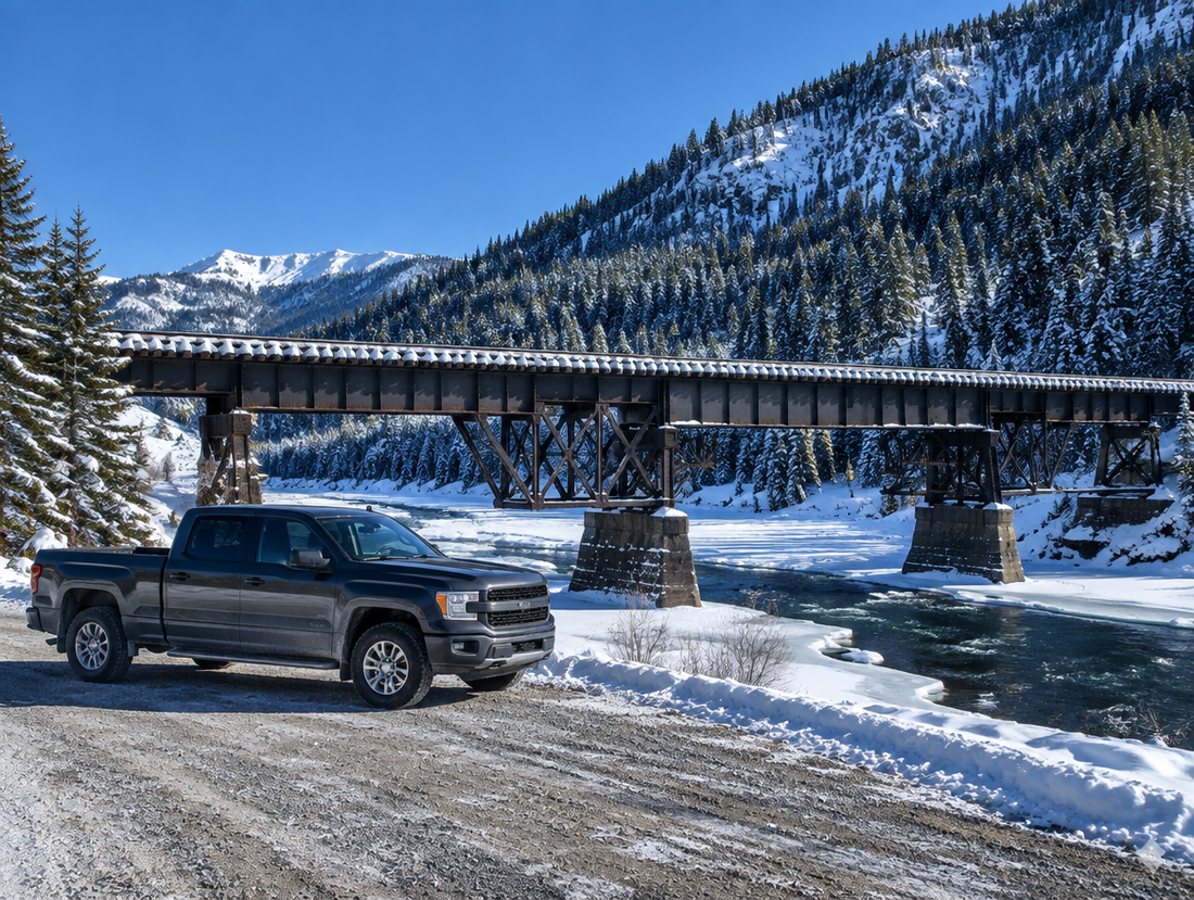 A pickup truck parked in fresh snow near a steel railway trestle bridge over a partly frozen river under blue sky