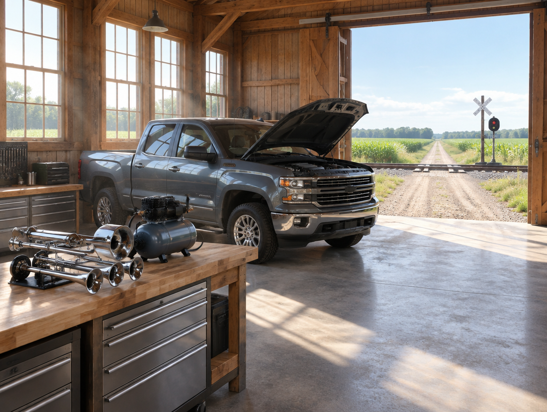 A pickup with its hood open in a sunny farm workshop, a train horn kit on the bench, and a rail crossing seen through the door.