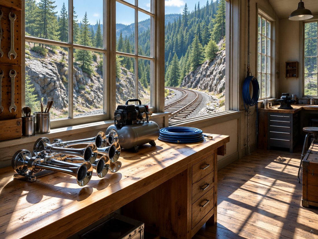 A sunlit wooden workshop bench holds a chrome air horn, with a mountain railway and pine forest visible through the windows.