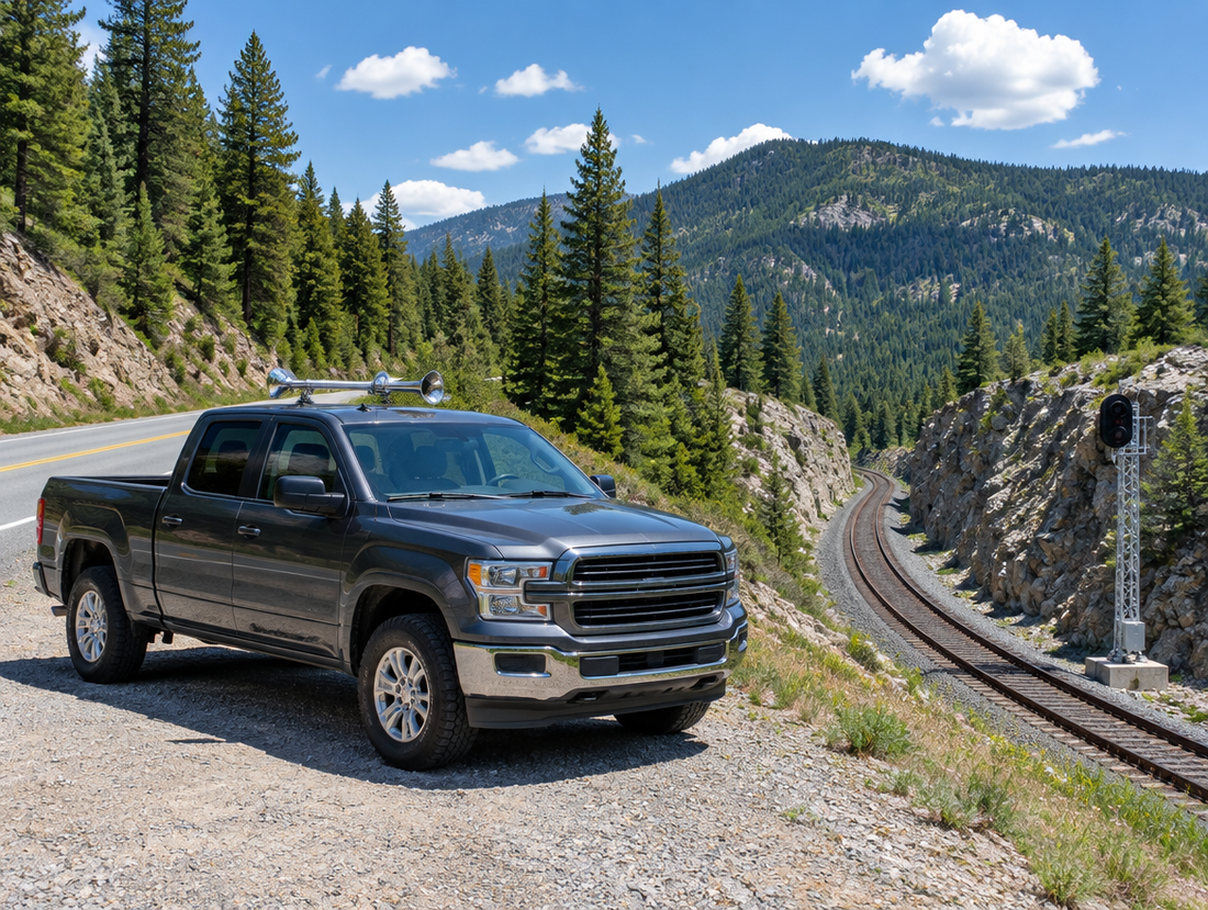 A pickup truck with chrome roof horns parked on a mountain road above a railway running through a rocky cutting.