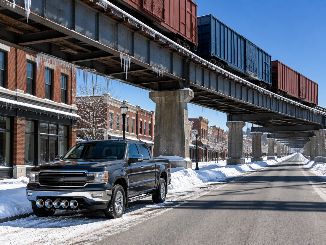 A pickup truck with chrome train horns parked in fresh snow under an elevated railway viaduct as a freight train crosses.