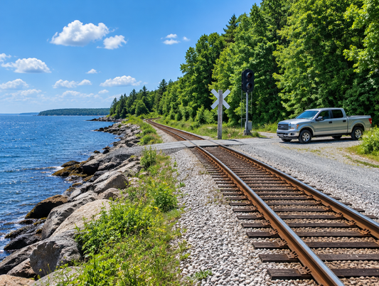 A silver pickup truck parked by a crossbuck at a coastal railway crossing beside blue water on a sunny summer day.