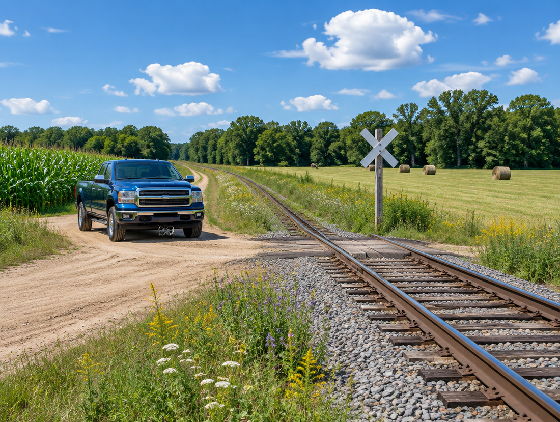 A clean blue pickup truck waits on a dirt farm track before a railroad crossing with a crossbuck between green fields.