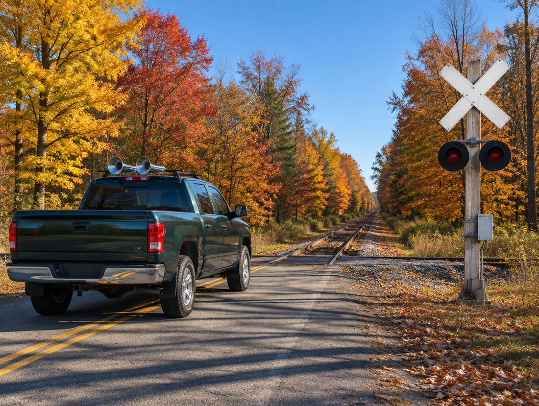 A pickup truck with chrome air horns on the roof waits at a rural rail crossing among bright autumn trees.