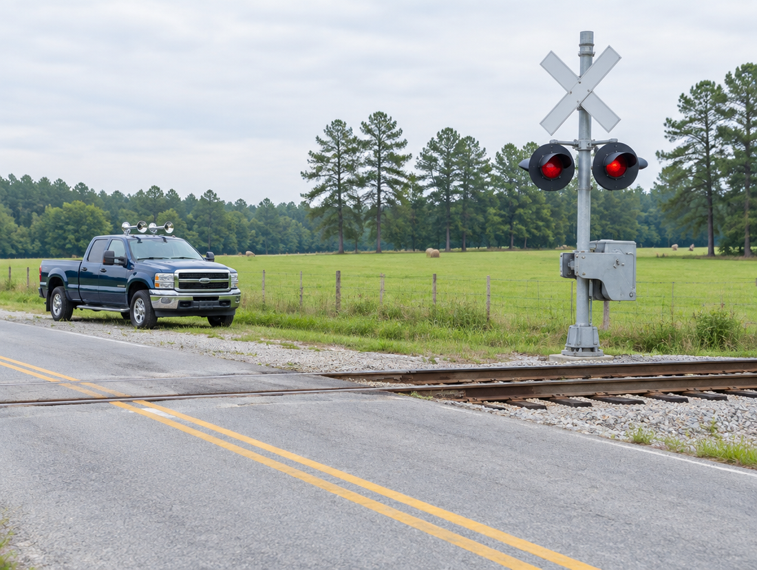 A pickup truck with chrome air horns parked near a rural railway crossing with a crossbuck and signal mast on a bright day