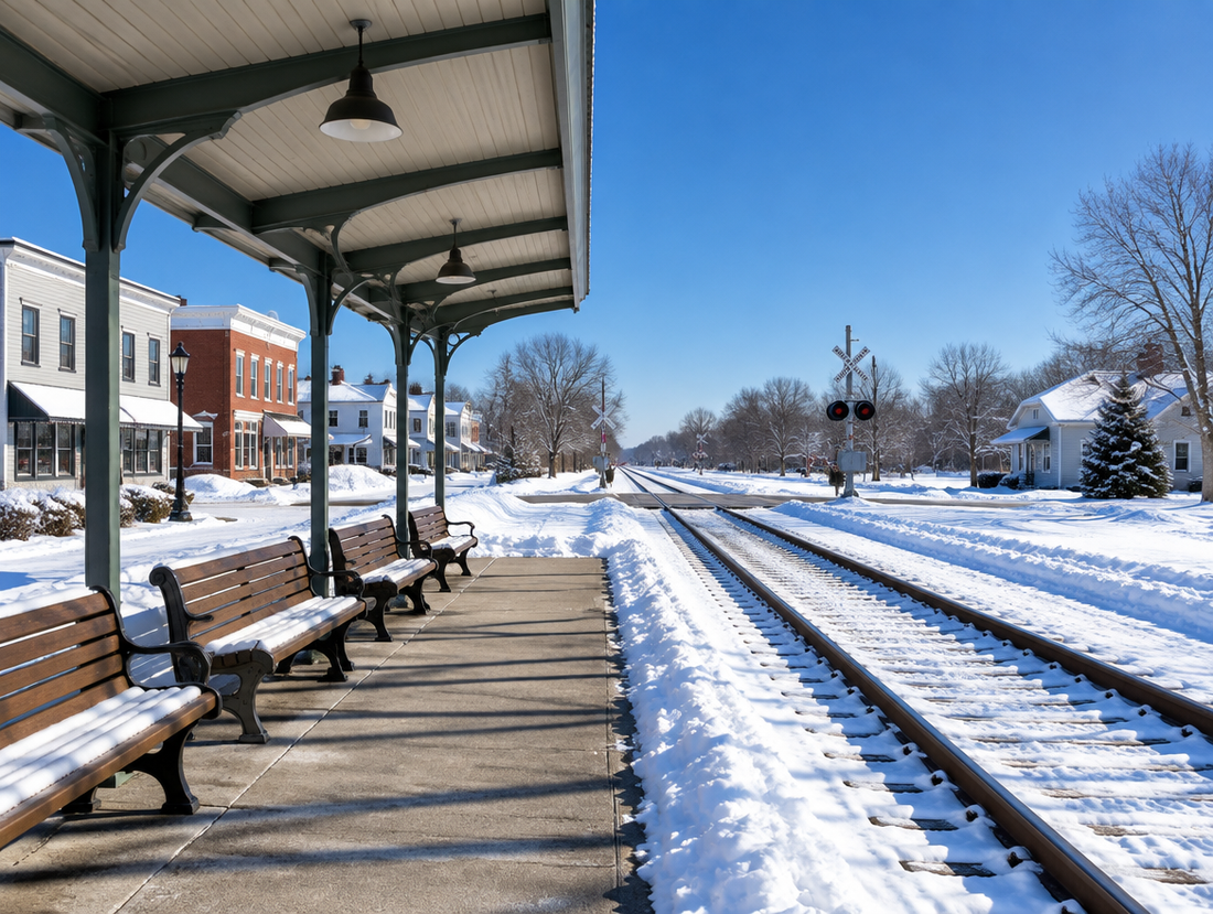 Snowy small-town station platform with a canopy, benches, and tracks leading to a crossing under a bright blue sky.