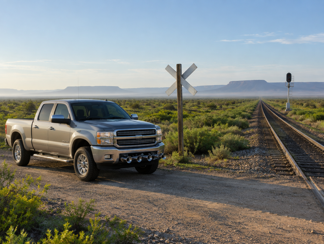 A clean pickup with chrome air horns parked by a desert rail crossing, with green scrub and a hazy morning sky.