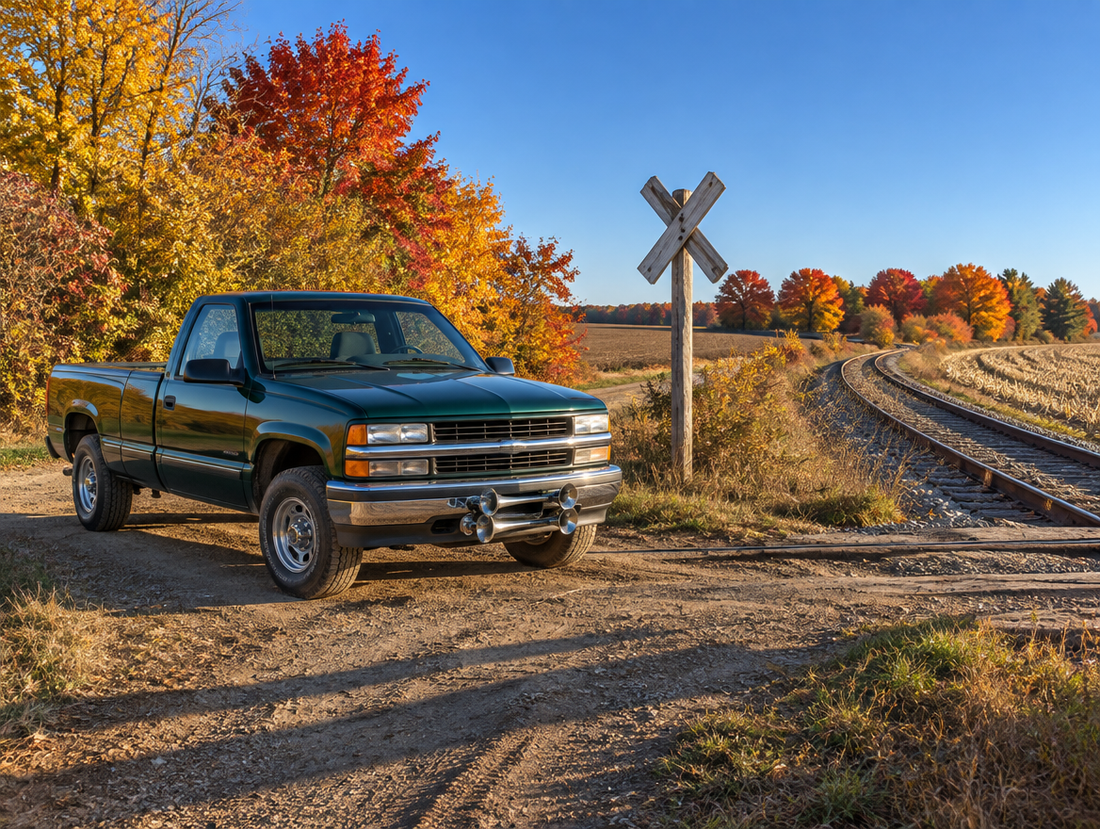 A pickup with chrome train horns waits on a dirt farm track at a rail crossing lined with autumn trees.