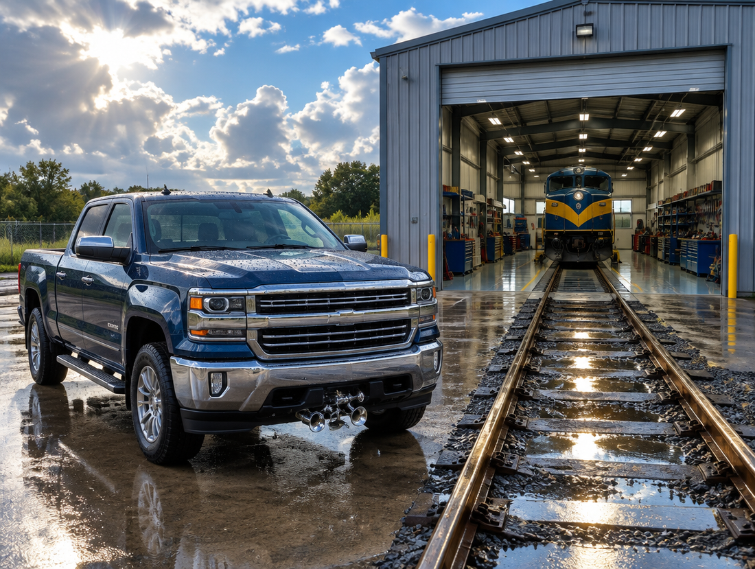 A clean pickup truck parked by the wet track outside a railway workshop with its roller door open as sun follows rain.