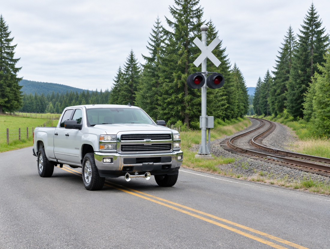 A clean pickup truck with a chrome air horn stopped before a rural railroad crossing among evergreen trees.