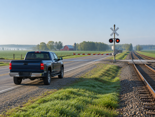 A pickup truck waits on a rural two-lane road before a railroad crossing with a crossbuck and signal mast on a hazy morning.