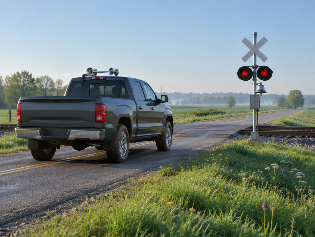 A clean pickup with chrome horn trumpets waits at a rural level crossing on a clear, hazy morning.