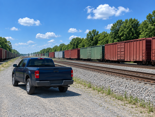 A clean pickup truck parked on a gravel road beside a sunny freight yard with parallel tracks and rows of boxcars.