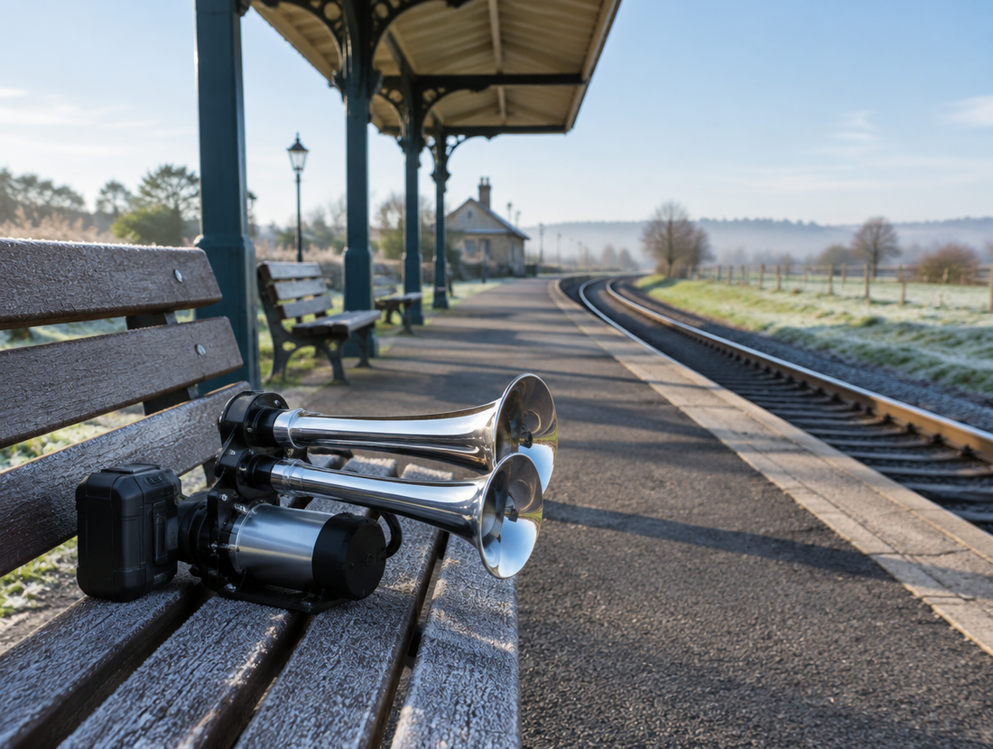 Chrome battery train horn kit on a frosty station bench, with the platform canopy and rails in soft morning light