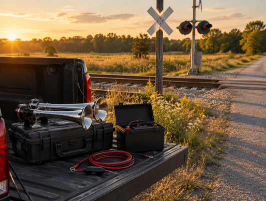 Portable train horn kit and open battery box on a pickup tailgate beside a rural level crossing at golden hour