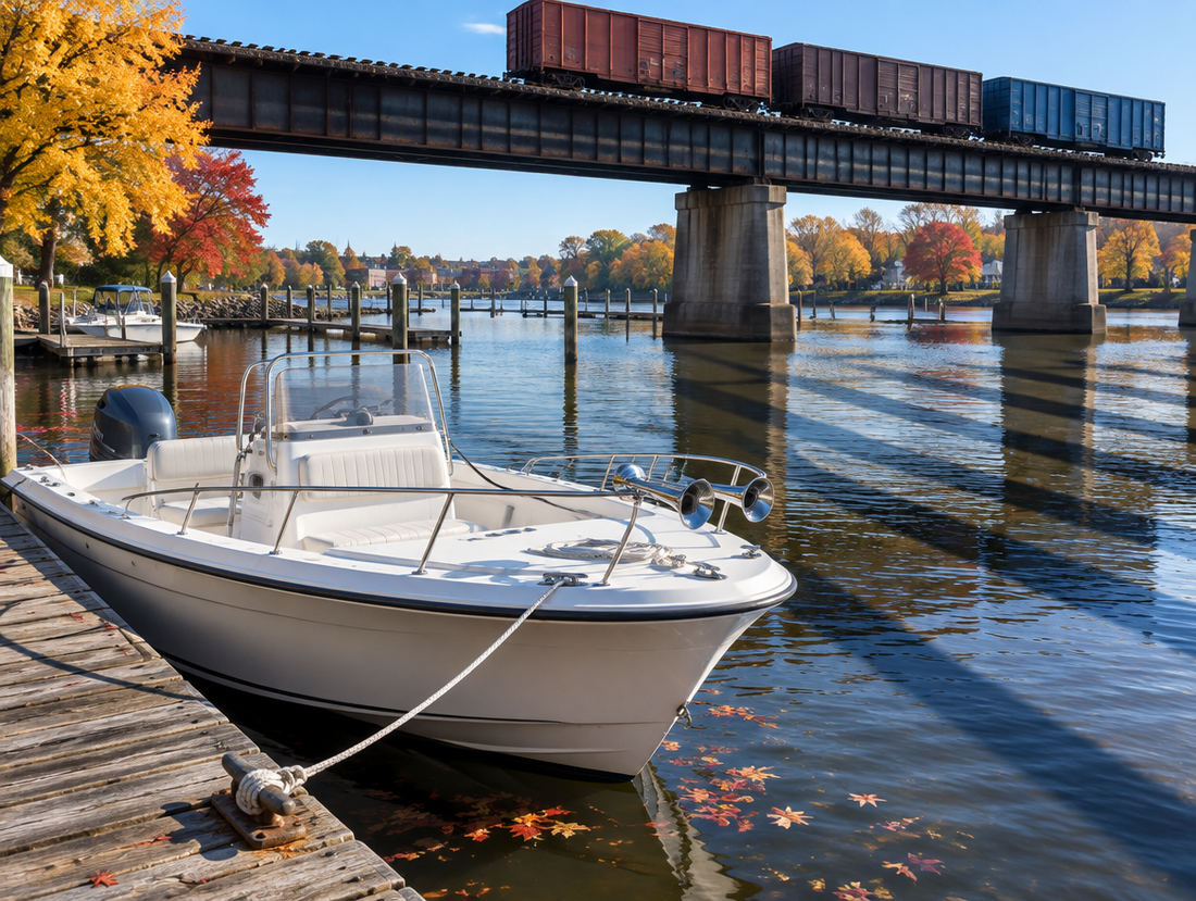 A small white motorboat with a chrome train horn on its bow rail, moored under an elevated rail viaduct in autumn.