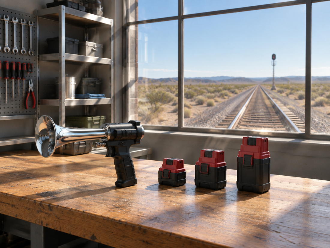 A train horn gun and three red cordless batteries of different sizes on a sunny workbench, with a desert railway outside