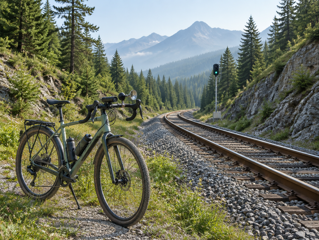 A touring bicycle with handlebar horns parked beside a mountain railway track that curves through pine forest and rock.