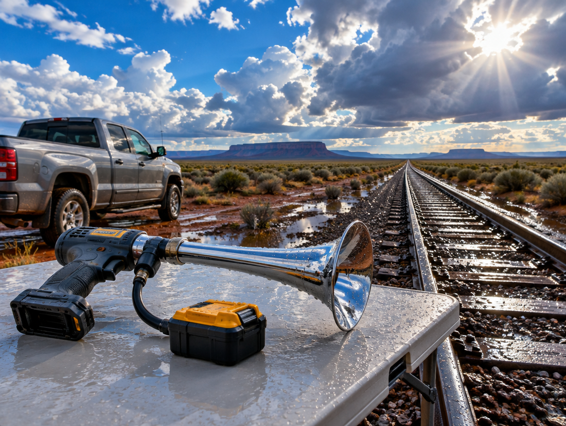 A used train horn gun and yellow battery on a wet table beside a desert railway line after rain, under a patchy sky