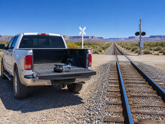 A handheld chrome air horn on a pickup tailgate beside a desert rail crossing under a deep blue midday sky.