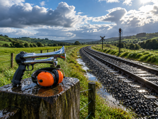 A chrome train horn gun and orange earmuffs on a wet fence post beside a curving track in green hills after rain.
