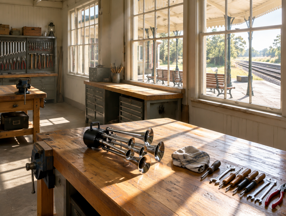 A sunlit station workshop with a five-trumpet chrome air horn on a wooden bench and the platform and rails outside.