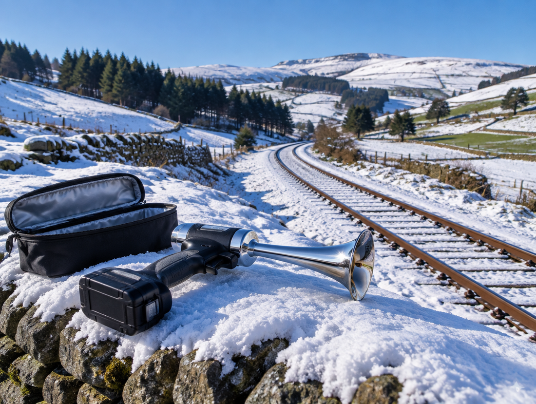 A chrome train horn gun rests on a snowy stone wall beside a single railway track curving through winter hills.