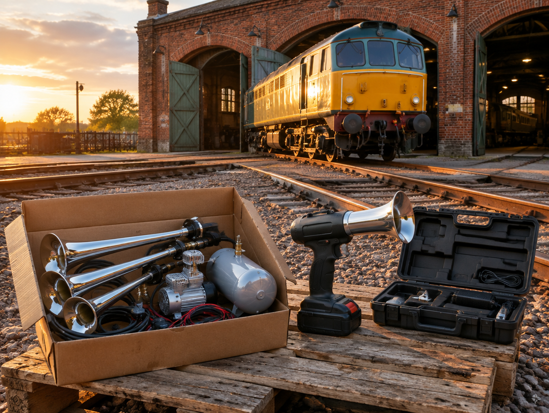Budget horn kit box and a battery horn gun on a pallet by a locomotive outside a brick engine shed at golden hour.