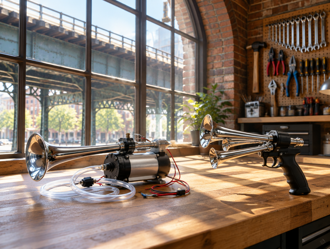Homemade drill train horn and a finished horn gun on a sunlit workbench under an elevated railway viaduct.