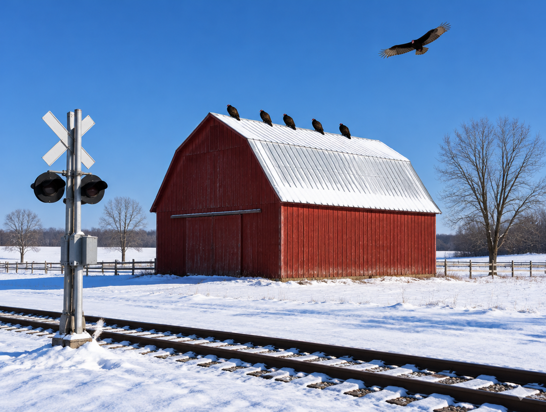 Turkey vultures perched on a snowy red barn roof beside a rail line under a bright blue winter sky.