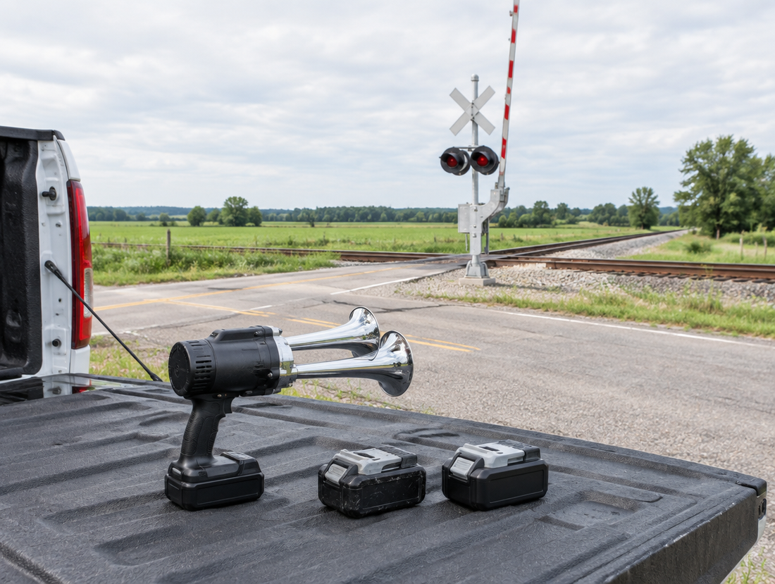 A battery train horn gun and two spare packs on a pickup tailgate near a rural railroad crossing with a crossbuck.