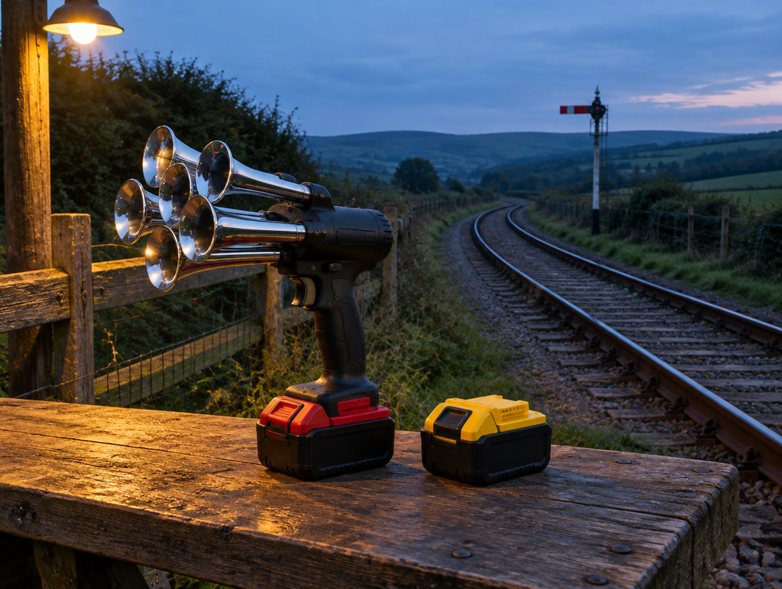 Five-trumpet battery train horn with a red pack beside a yellow pack on a bench by a curving rail line at dusk