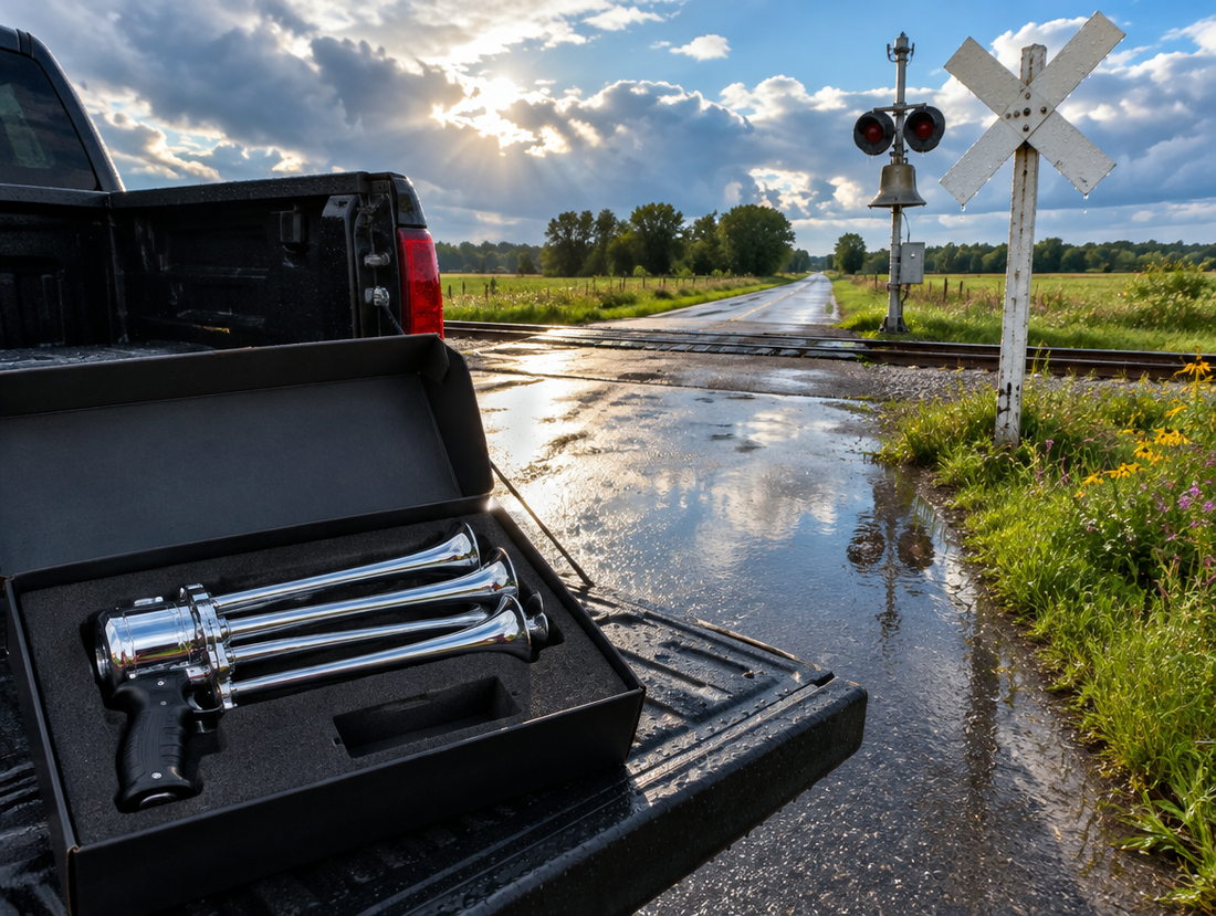 An open box holding a chrome five-trumpet horn gun sits on a wet pickup tailgate beside a rural level crossing after rain.