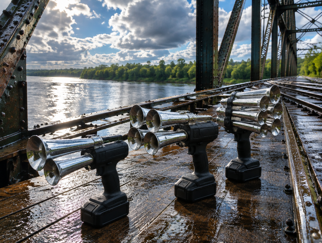Dual, quad and five-trumpet horn guns on the wet walkway of a steel trestle rail bridge above a river after rain