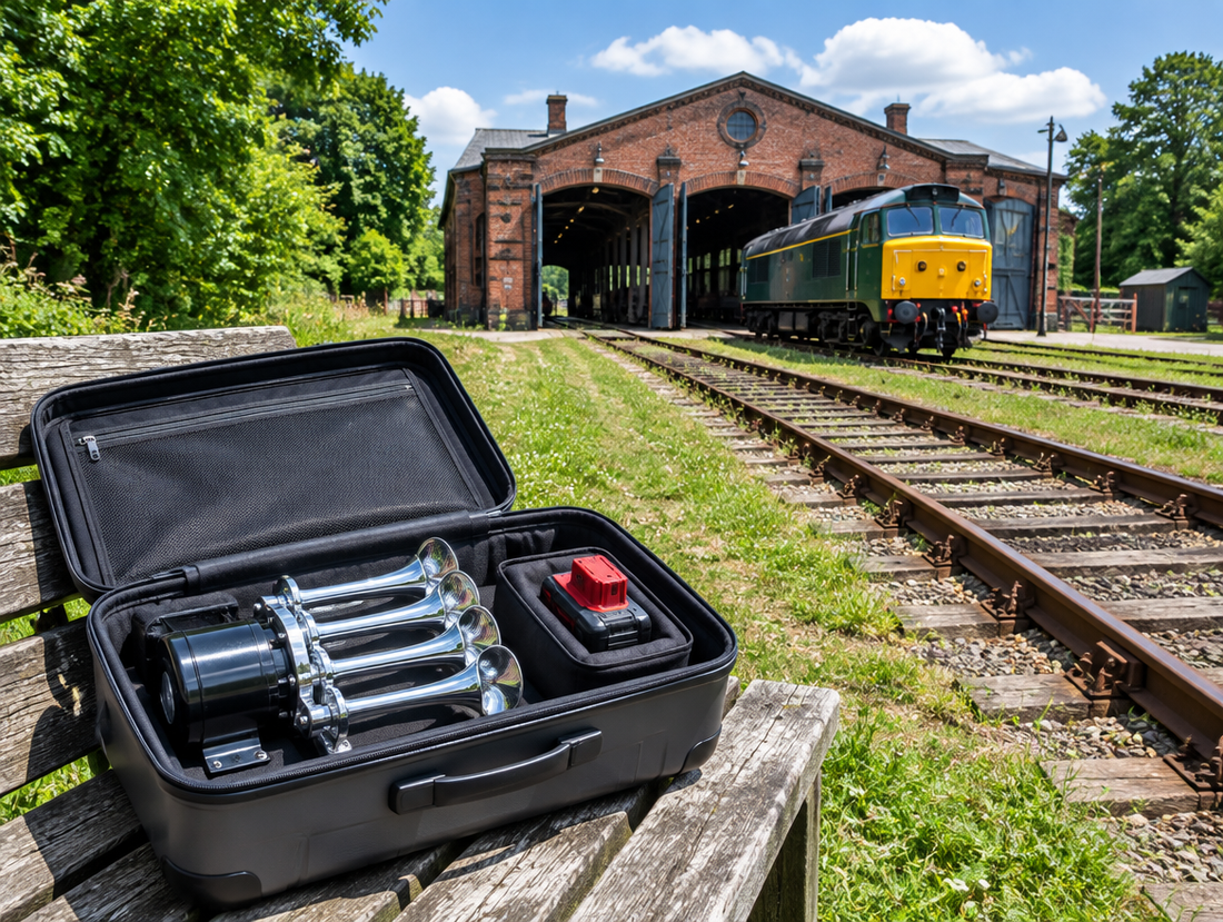 Open carry-on suitcase holding a horn gun and red battery on a bench by a brick engine shed with a locomotive.