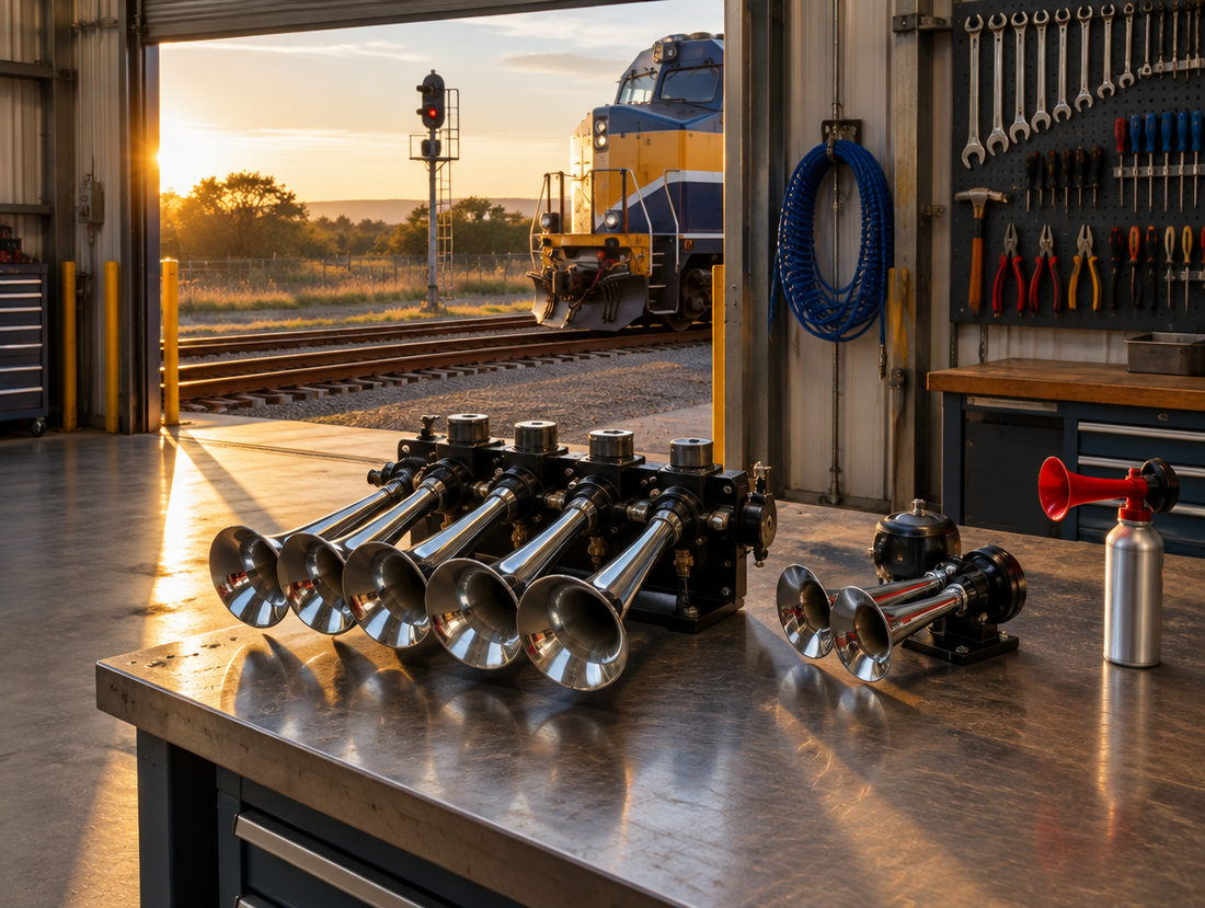 A locomotive air horn, car horns and a handheld air horn on a workshop bench, with rails and a locomotive outside.