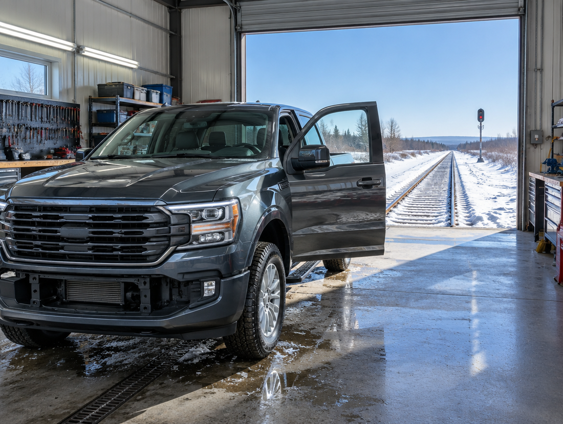 A clean pickup truck parked inside a tidy railway workshop, roller door open onto a snowy track under blue sky.
