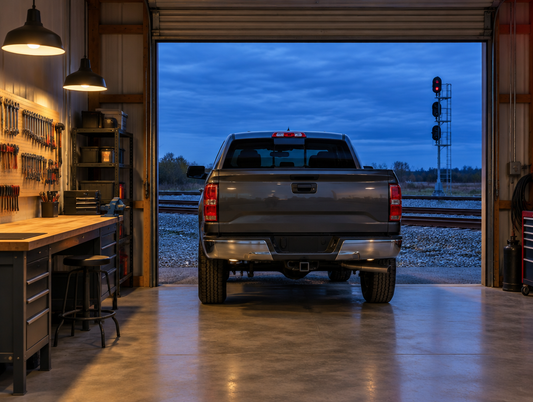 A pickup truck backed into an open railway workshop door at dusk, its empty hitch receiver facing the track outside.
