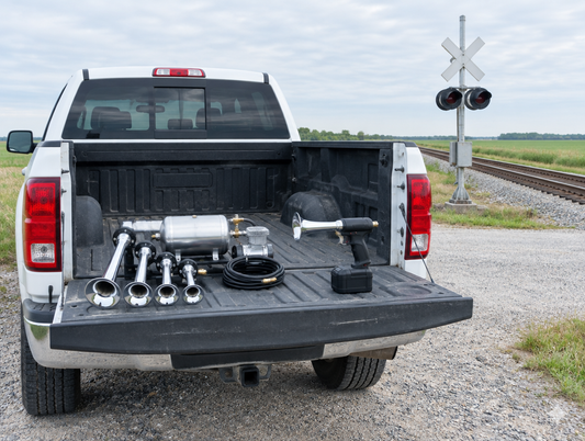 A four-trumpet air horn kit and a handheld battery horn gun on a pickup tailgate beside a railroad crossing.