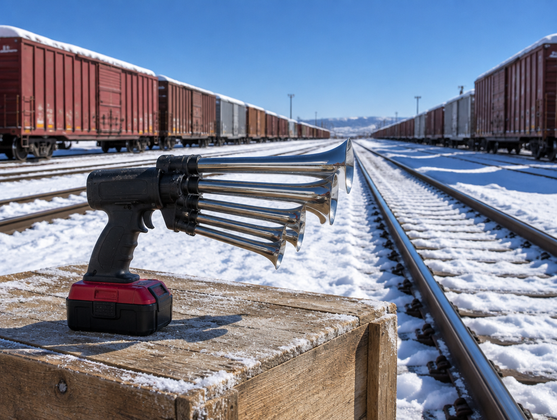 A five-trumpet battery horn gun on a crate beside snowy freight yard tracks and boxcars under a clear blue sky.