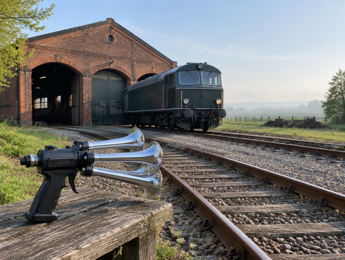 A handheld train horn gun on a bench in front of an old brick engine shed, with a locomotive standing on the track outside.