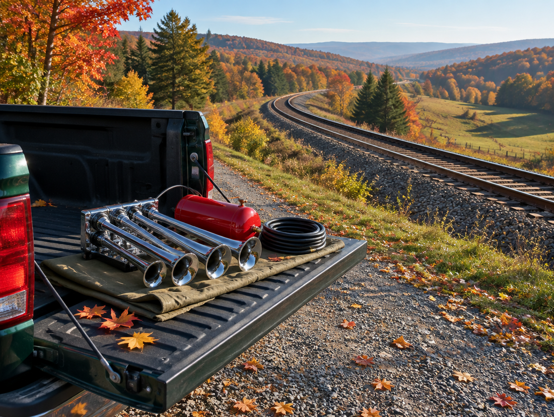 Chrome five-trumpet train horn on a pickup tailgate beside a single-track railway curving through autumn hills