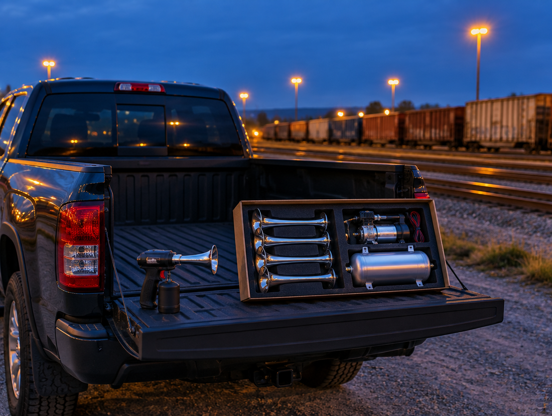 A pickup tailgate at dusk holds a handheld horn gun and a chrome train horn kit beside a freight yard full of boxcars.