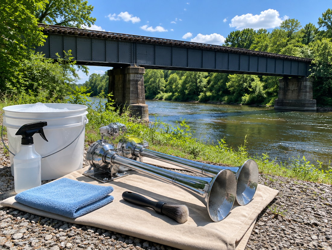 Chrome train horn trumpets and cleaning tools on a riverbank below a steel railway trestle bridge on a sunny day.