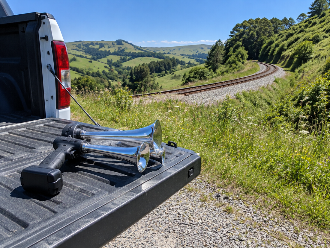 A battery train horn gun resting on a pickup tailgate beside a single-track railway curving through sunny green hills.